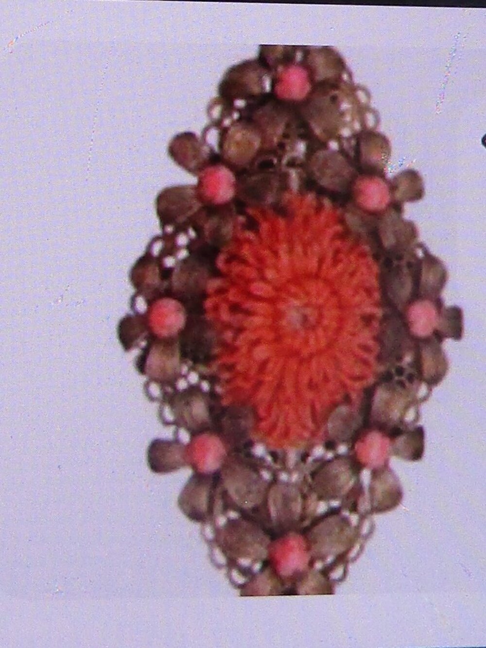 Vintage 1930s CZECH Art Deco Faux Coral CELLULOID & BRASS CHRYSANTHEMUM BROOCH
